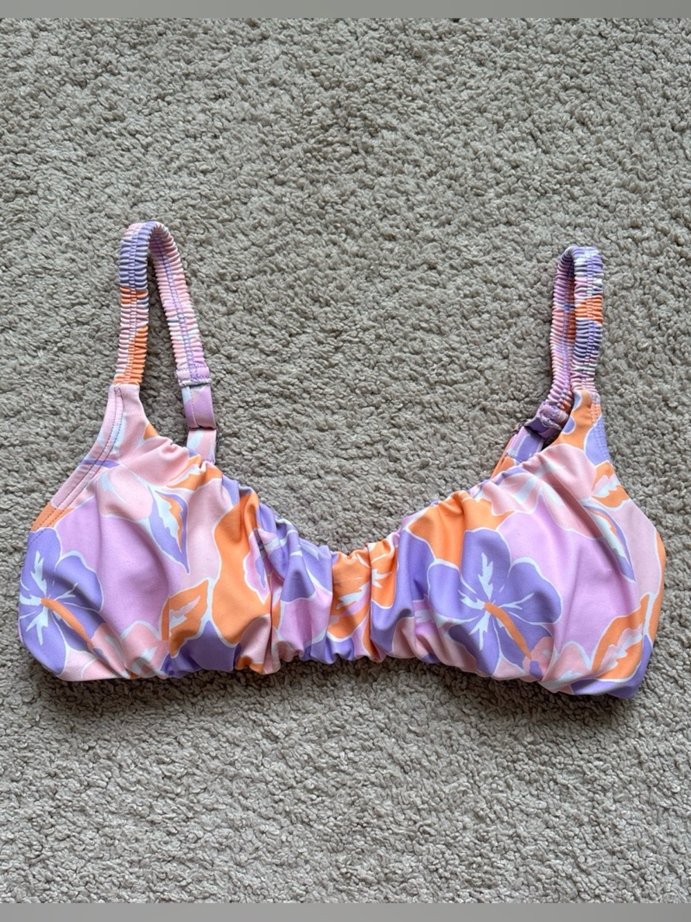 Floral Ruched Bikini Top in Lavender & Orange Print
